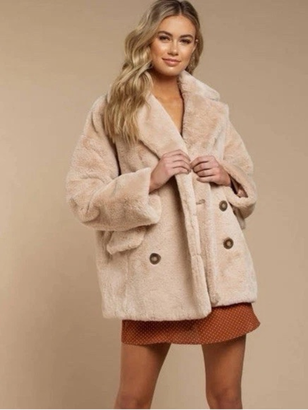 Free People Kate Faux Fur Double Breasted Oversized Coat - Apricot - XS